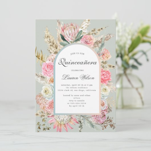 moderne bohemen floral quinceanera-fotokaart save the date (Staand voorkant)