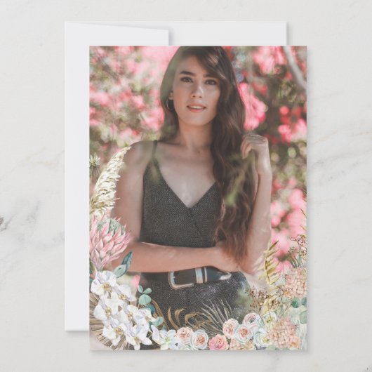 moderne bohemen floral quinceanera-fotokaart save the date (Achterkant)