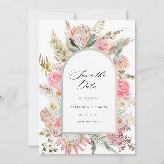 moderne bohemen floral save the date card (Voorkant)
