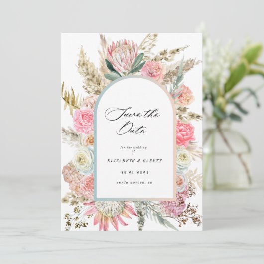 moderne bohemen floral save the date card (Staand voorkant)