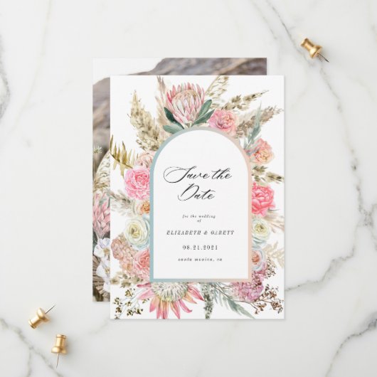 moderne bohemen floral save the date card (Voorkant / Achterkant in situ)