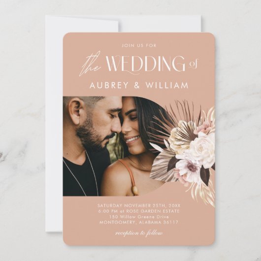 Moderne Bohemen Waterverf Floral Foto bruiloft Kaart (Voorkant)