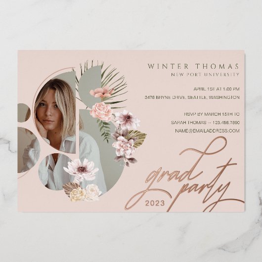 Moderne Bohemen Waterverf Florals Afstuderen Foto Folie Uitnodiging (Voorkant)