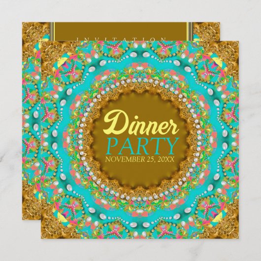 Moderne Bohemian Aqua Gold Dinner Party Kaart (Voorkant / Achterkant)