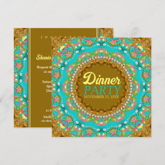Moderne Bohemian Aqua Gold Dinner Party Kaart