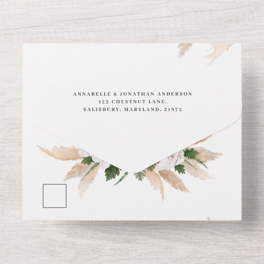 Moderne bohemian pampas gras botanische bruiloft all in one uitnodiging (Achterkant)