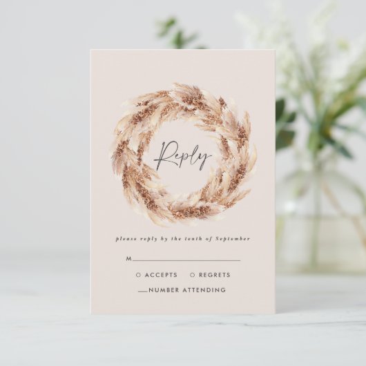Moderne bohemian rustieke pampas gras bruiloft RSVP kaartje (Staand voorkant)