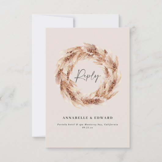 Moderne bohemian rustieke pampas gras bruiloft RSVP kaartje (Achterkant)