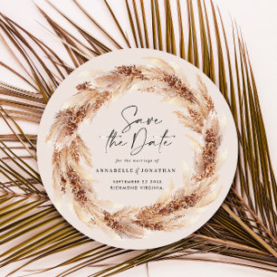 Moderne bohemische bruiloft met natuurlijke pampas kaart