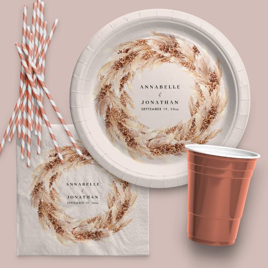 Moderne bohemische bruiloft met natuurlijke pampas papieren bordje