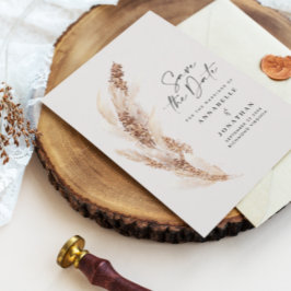 Moderne bohemische bruiloft met natuurlijke pampas save the date