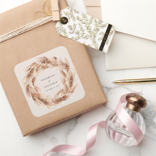 Moderne bohemische bruiloft met natuurlijke pampas vierkante sticker (Geschenken)