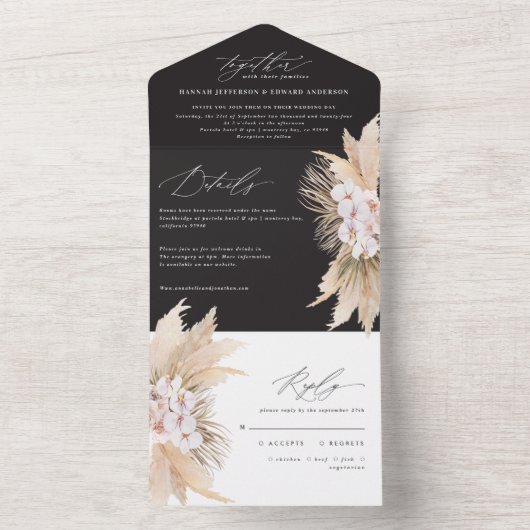 Moderne bohemische pampagode botanische bruiloft all in one uitnodiging (Binnen)