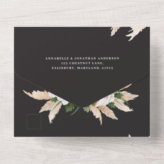 Moderne bohemische pampagode botanische bruiloft all in one uitnodiging (Achterkant)