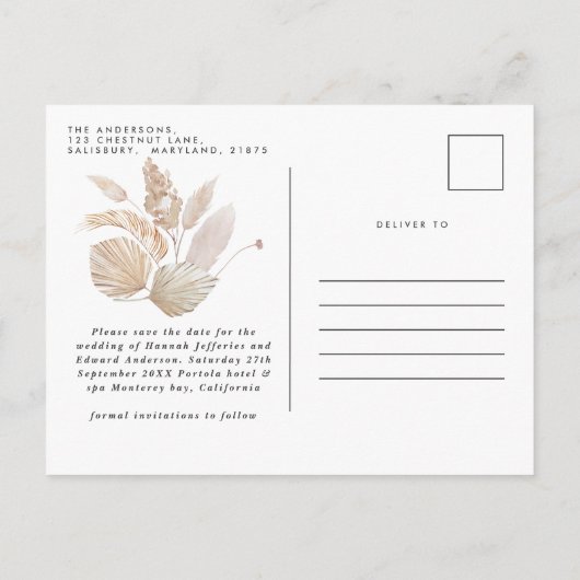 Moderne bohemische terracotta pampas aankondigingskaart (Achterkant)