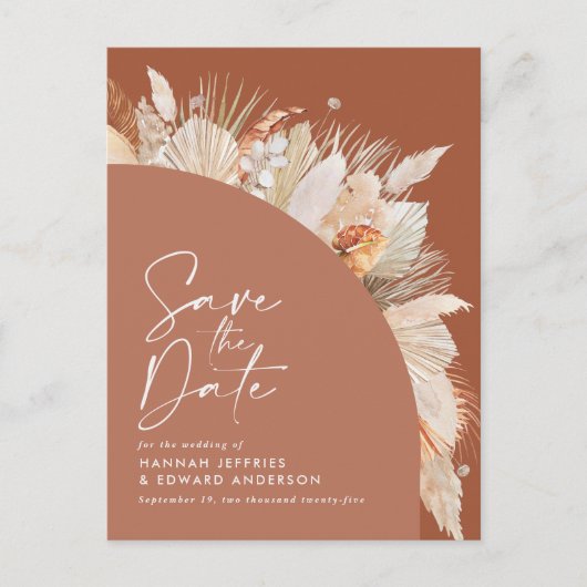 Moderne bohemische terracotta pampas aankondigingskaart (Voorkant)