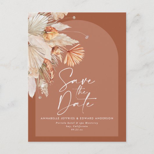 Moderne bohemische terracotta pampas aankondigingskaart (Voorkant)