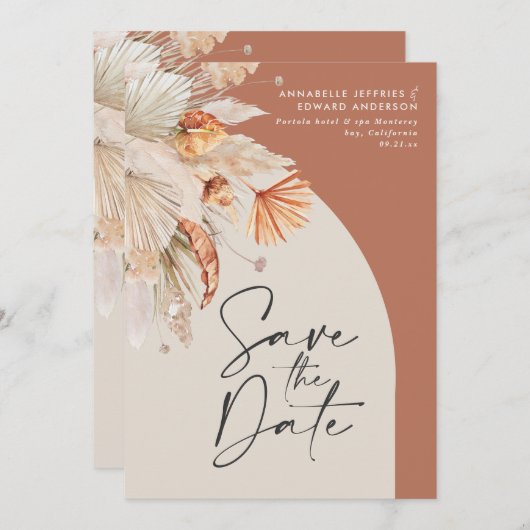 Moderne bohemische terracotta pampas save the date (Voorkant / Achterkant)