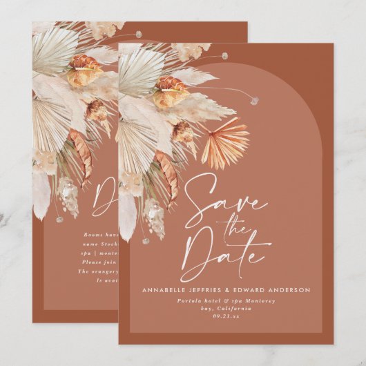 Moderne bohemische terracotta pampas save the date (Voorkant / Achterkant)