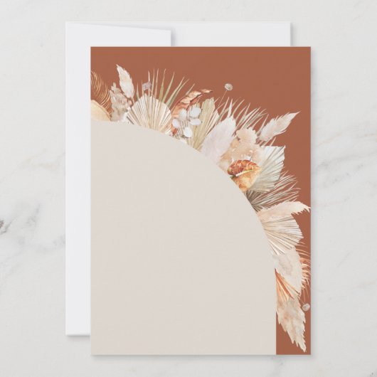 Moderne bohemische terracotta pampas save the date (Achterkant)