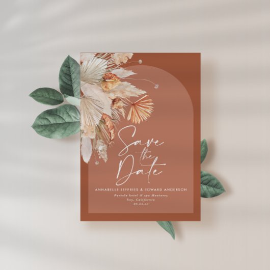 Moderne bohemische terracotta pampas, stijlvol save the date