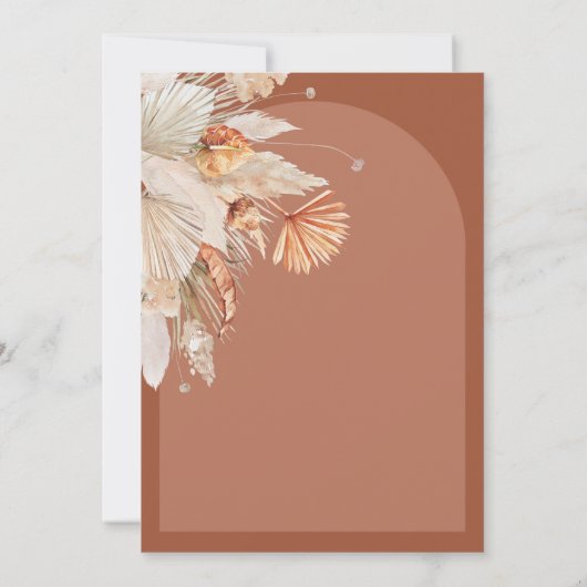 Moderne bohemische terracotta pampas, stijlvol save the date (Achterkant)