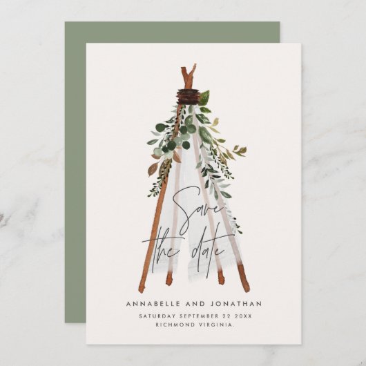 Moderne bohemische theepebotanische achtertuin save the date (Voorkant / Achterkant)