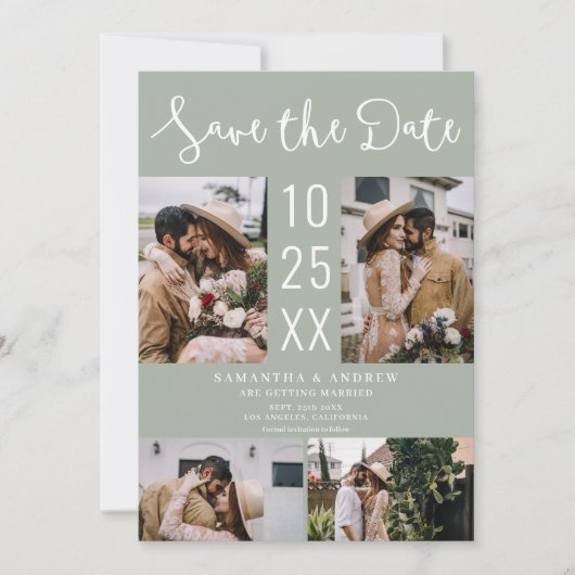 Moderne Boho 4-Foto salie groene bruiloft Save The Date (Voorkant)