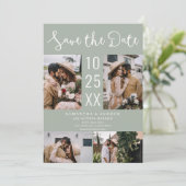 Moderne Boho 4-Foto salie groene bruiloft Save The Date (Staand voorkant)