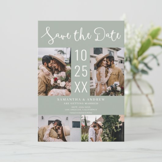 Moderne Boho 4-Foto salie groene bruiloft Save The Date (Staand voorkant)