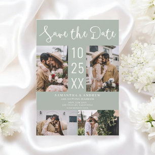 Moderne Boho 4-Foto salie groene bruiloft Save The Date
