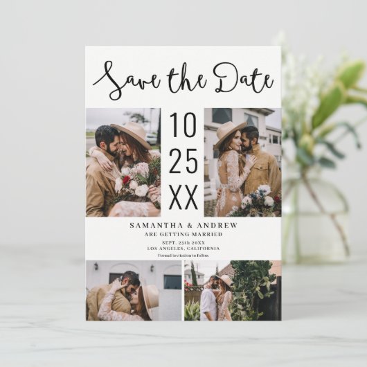 Moderne Boho 4-foto Zwart wit bruiloft Save The Date (Staand voorkant)
