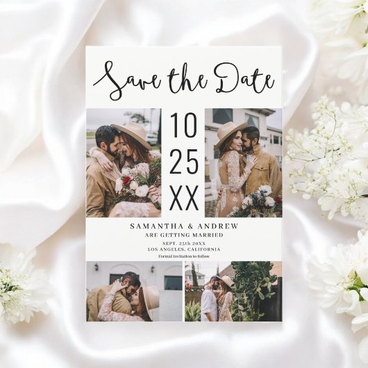 Moderne Boho 4-foto Zwart wit bruiloft Save The Date