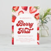 Moderne Boho aardbeienbes Eerste Verjaardag Kaart (Staand voorkant)