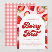 Moderne Boho aardbeienbes Eerste Verjaardag Kaart (Voorkant / Achterkant)