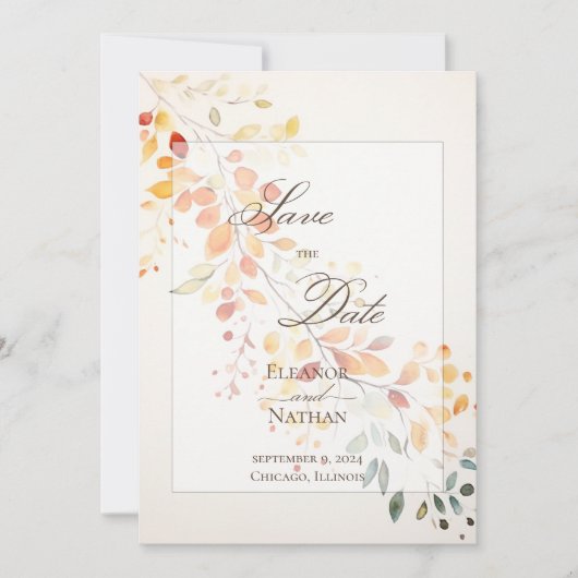 Moderne Boho Aquarel Herfstbladeren Bruiloft Save The Date (Voorkant)