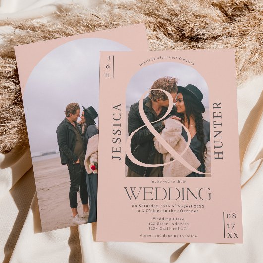 Moderne boho arch 2 foto's bruiloft bleek roze kaart