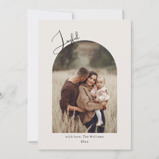Moderne Boho Arch Beige Joyful Two Foto Feestdagenkaart (Voorkant)
