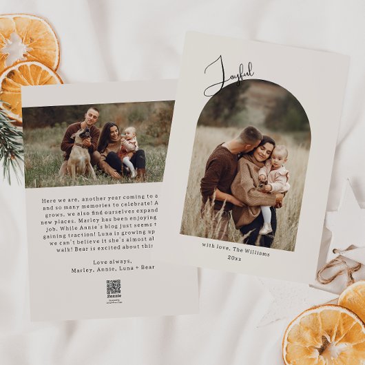 Moderne Boho Arch Beige Joyful Two Foto Feestdagenkaart