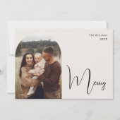 Moderne Boho Arch Beige Merry Four Foto Feestdagenkaart (Voorkant)