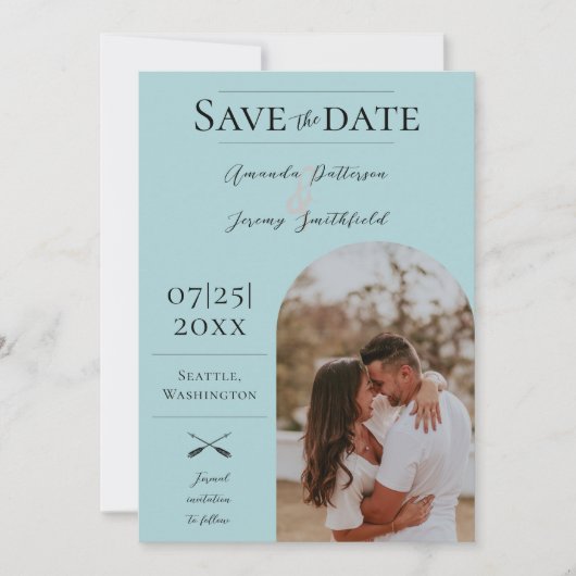Moderne Boho Arch-foto | Blauwgroen De datum opsla Save The Date (Voorkant)