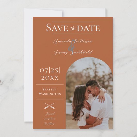 Moderne Boho Arch-foto | Burnt Orange Save The Date (Voorkant)