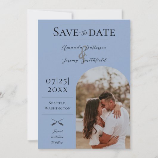 Moderne Boho Arch-foto | Dusty Blue Save The Date (Voorkant)