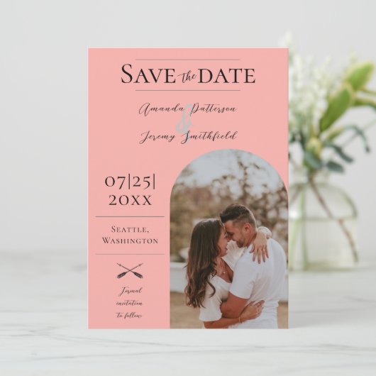 Moderne Boho Arch-foto | Koraal Bewaar de datum Save The Date (Staand voorkant)