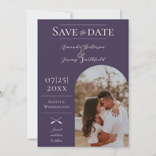 Moderne Boho Arch-foto | Paarse save the date (Voorkant)