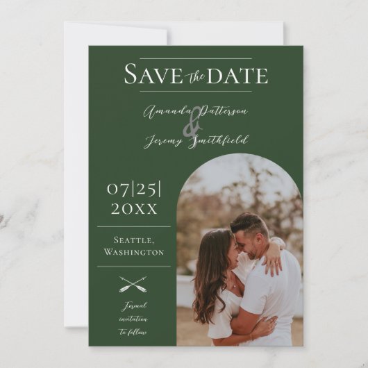 Moderne Boho Arch-foto | Smaragdgroen Save The Date (Voorkant)