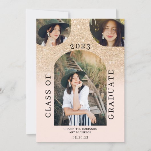 Moderne boho arch goudchic roze 4 foto-afstuderen kaart (Voorkant)