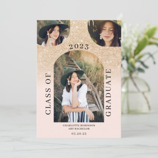 Moderne boho arch goudchic roze 4 foto-afstuderen kaart (Staand voorkant)