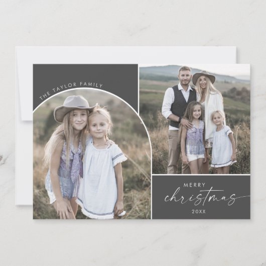 Moderne Boho Arch | Grijs 2 foto's Vrolijk Kerstfe Feestdagenkaart (Voorkant)