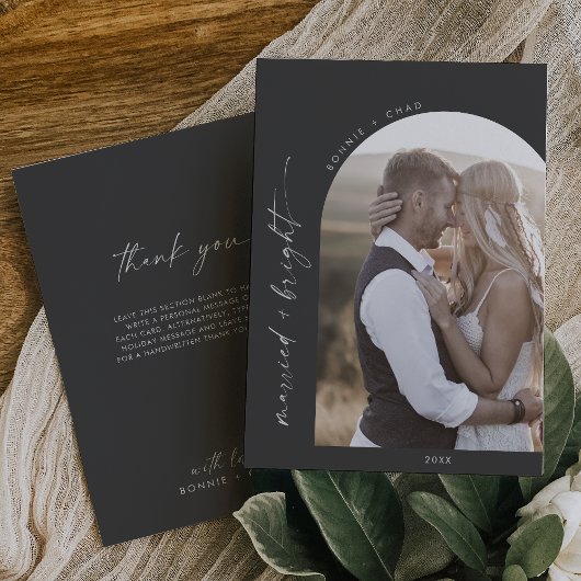 Moderne Boho Arch Grijs Getrouwd en Helder Dank U Feestdagenkaart